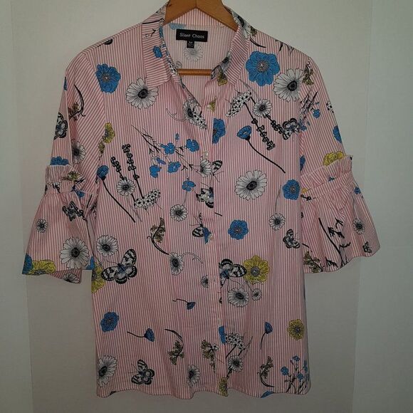 SILENT CHAOS Pink White Stripped Blouse with Blue, Yellow & Black Flowers MEDIUM - Picture 2 of 10